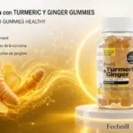 Frasco de 60 gomitas de cúrcuma y jengibre sabor naranja sobre podio blanco, rodeado de raíces frescas y ondas doradas de energía.