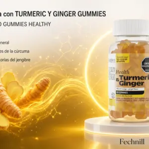 Frasco de 60 gomitas de cúrcuma y jengibre sabor naranja sobre podio blanco, rodeado de raíces frescas y ondas doradas de energía.