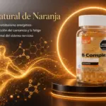 Frasco de gomitas B Complex sabor naranja sobre podio iluminado junto a de energía corporal.