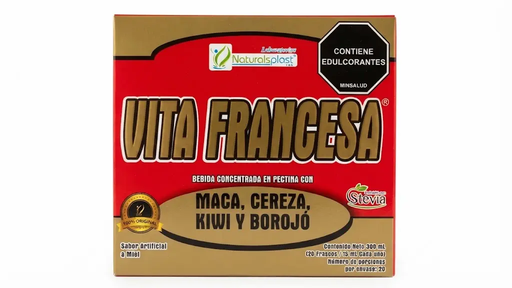 Caja rectangular roja y dorada de bebida concentrada Vitafrancesa con maca, cereza, kiwi y borojó, contenido de 300 ml en 20 frascos.