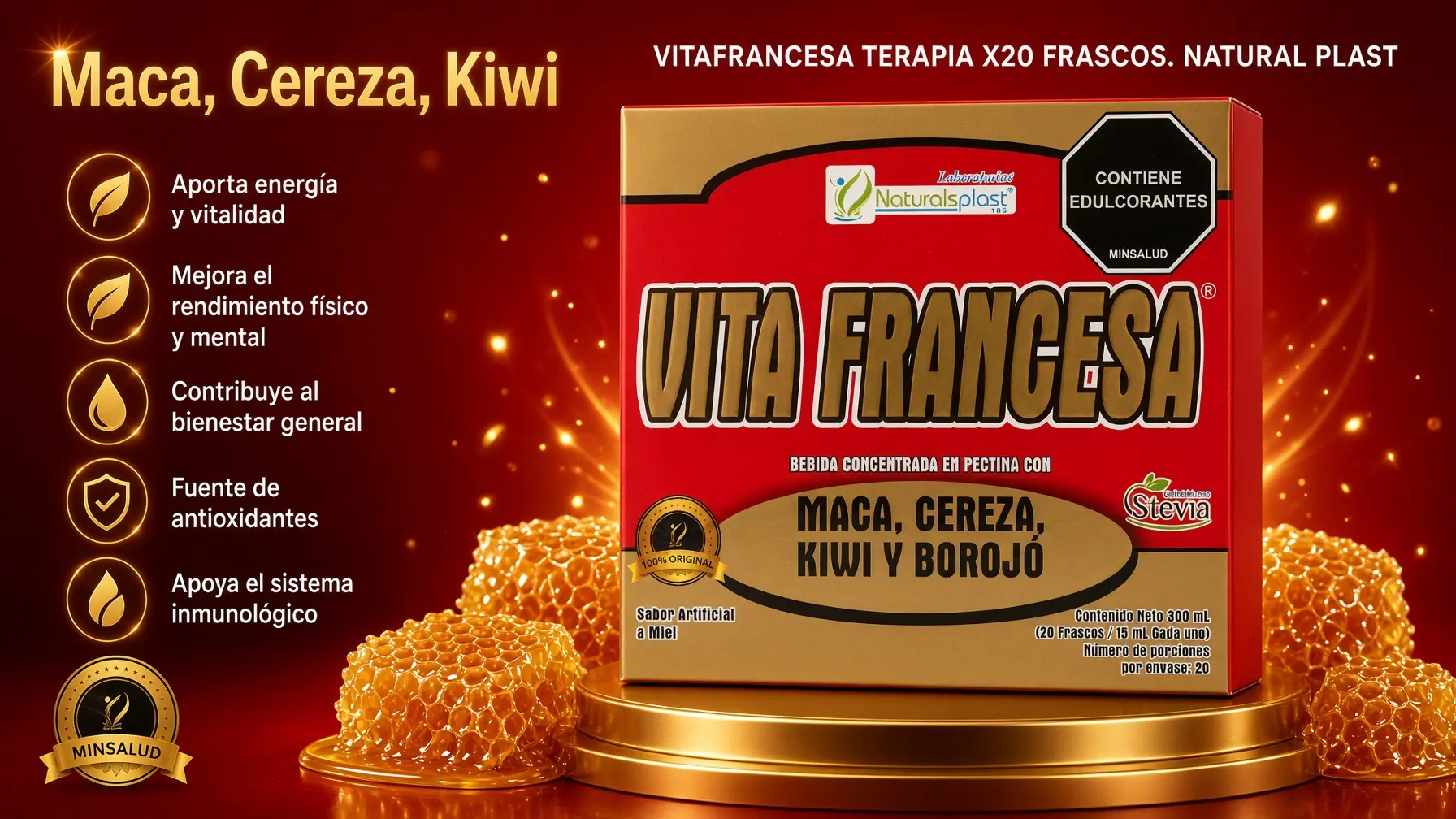 Caja roja de Vitafrancesa Terapia con maca, cereza, kiwi y borojó, sobre base dorada junto a miel, con 20 frascos y edulcorantes.