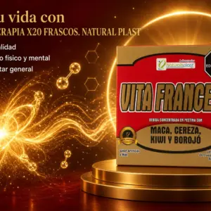 Caja roja y dorada de bebida concentrada Vitafrancesa con maca, cereza, kiwi y borojó, sobre una base circular dorada en un fondo luminoso con ondas naranjas.