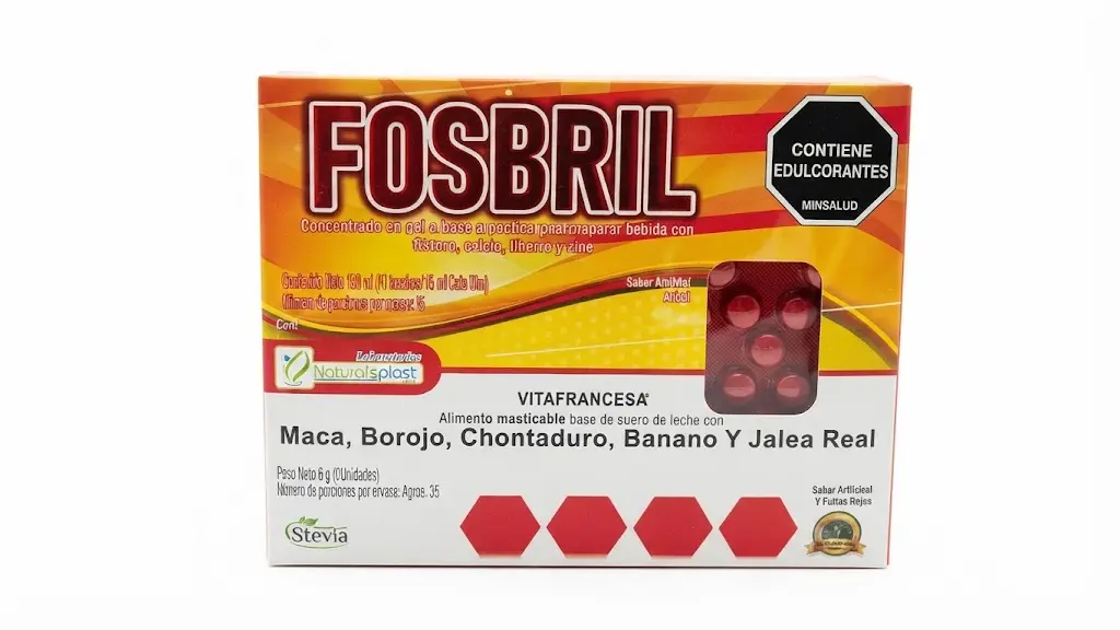 Caja de suplemento Fosbril en tonos naranja y amarillo con blíster de tabletas rojas. Contiene maca, borojo, chontaduro, banano y jalea real.