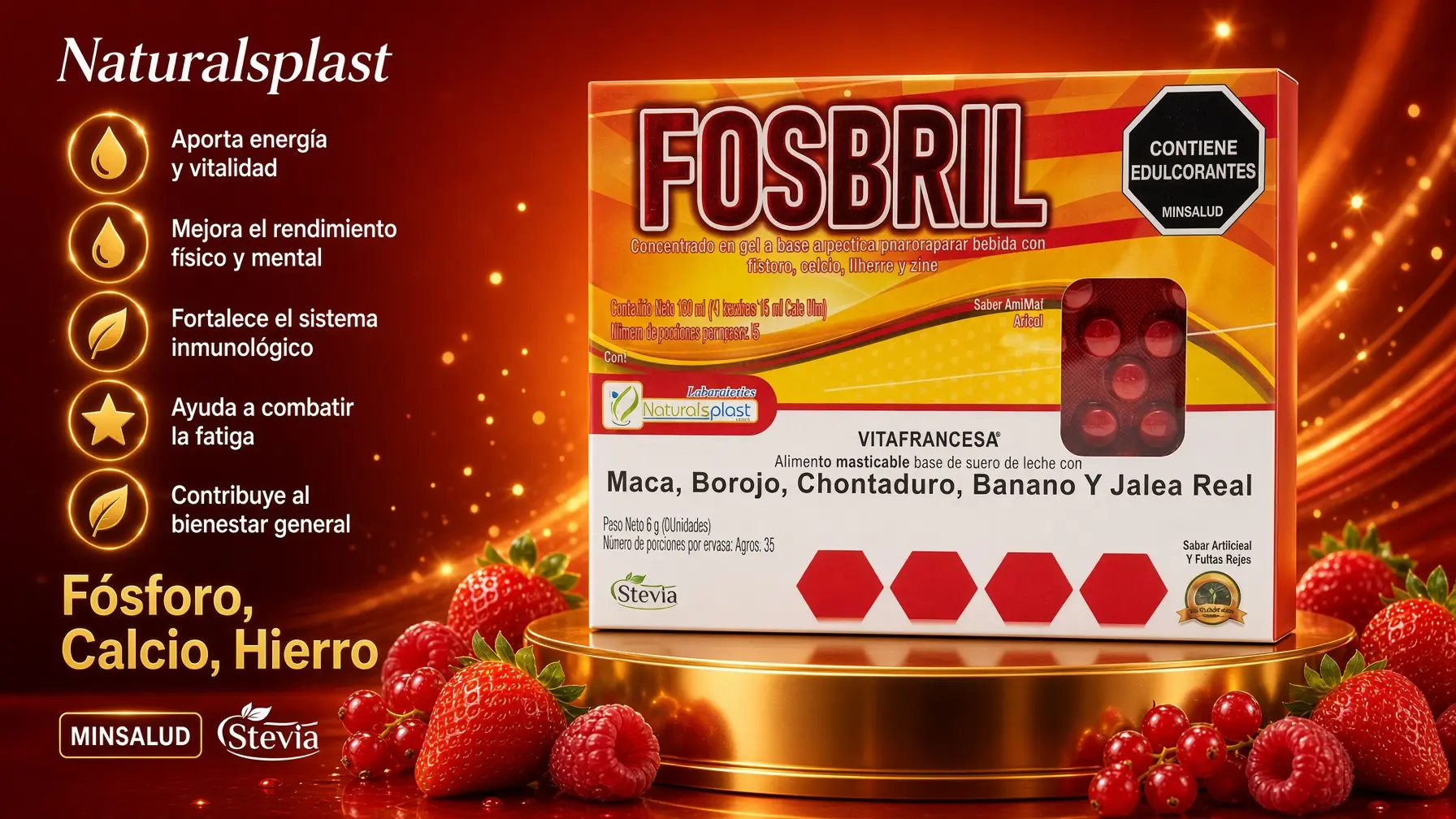 Caja roja de suplemento nutricional con blísters de gel y pastillas masticables, rodeada de fresas y frambuesas sobre fondo dorado brillante.
