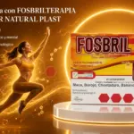 Caja naranja y amarilla de suplemento FOSBRIL con blister de cápsulas, junto a mujer deportista enérgica sobre fondo dorado luminoso.