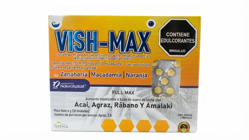 Caja de suplemento masticable Vish-Max amarilla y blanca, sabores zanahoria, macadamia y naranja, con ventana que muestra tabletas amarillas.