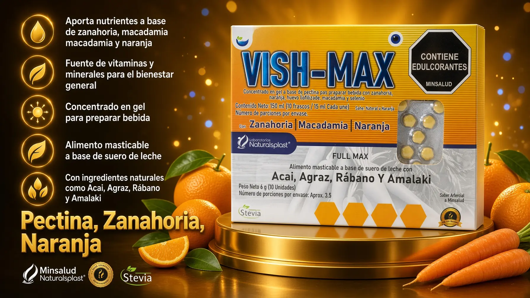 Suplemento masticable Vish Max sabor zanahoria, macadamia y naranja en caja sobre pedestal dorado rodeado de zanahorias y naranjas frescas.