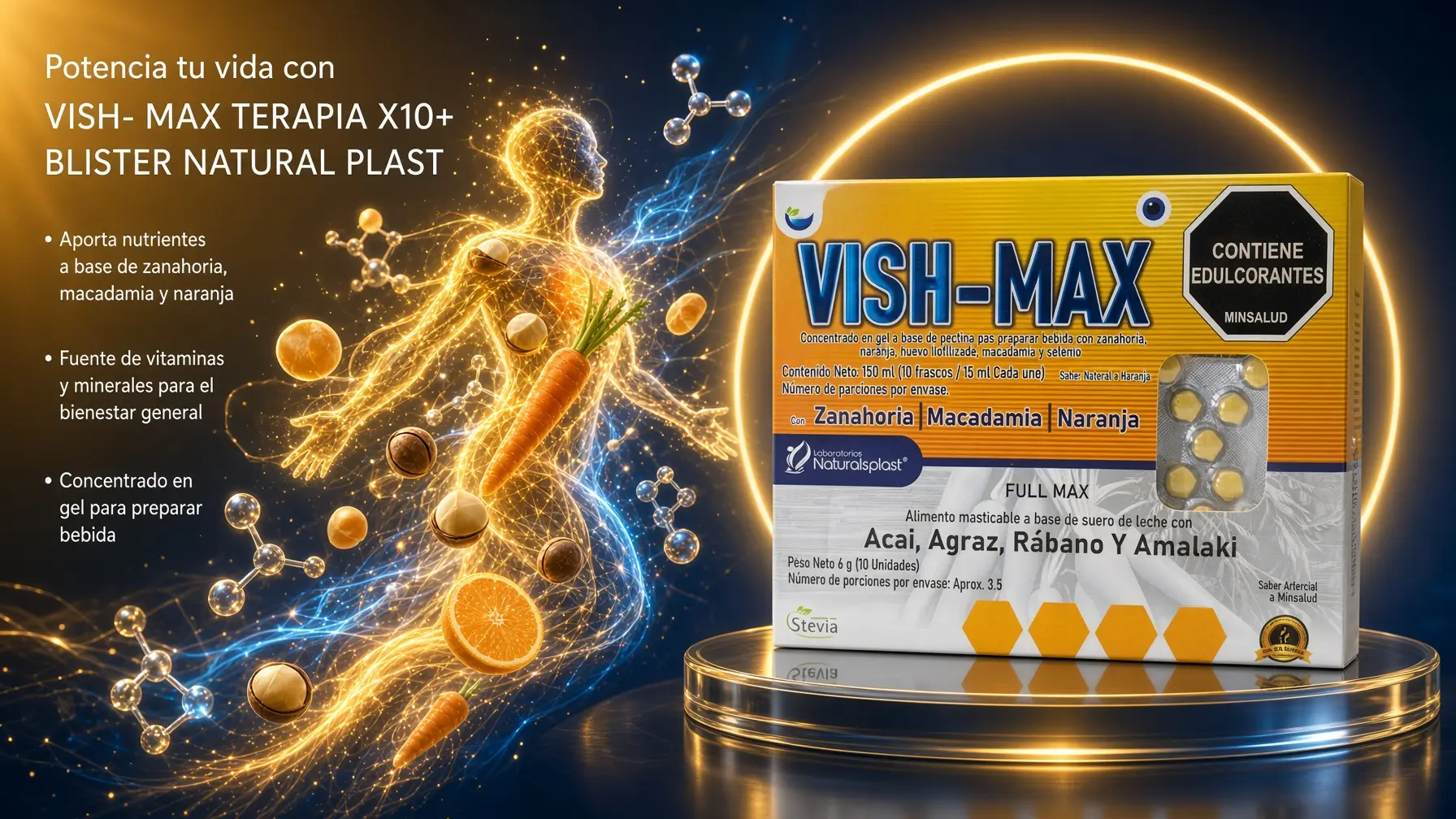 Caja amarilla y gris de suplemento Vish Max con zanahoria, macadamia y naranja, acompañada de gel, blíster de pastillas y figura humana luminosa.