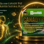 Caja verde de suplemento en gel Canady Pat sobre base dorada con silueta humana brillante y abstracta al fondo.